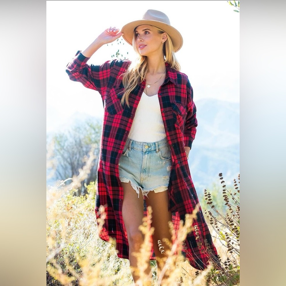 Long red plaid shacket